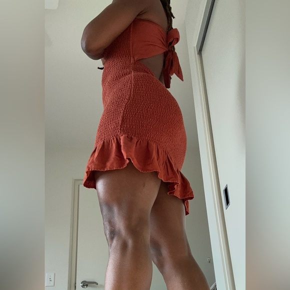 Abercrombie & Fitch Small Rust Smocked Mini Dress | Open Back Tie | Ruffle Hem - Picture 5 of 8